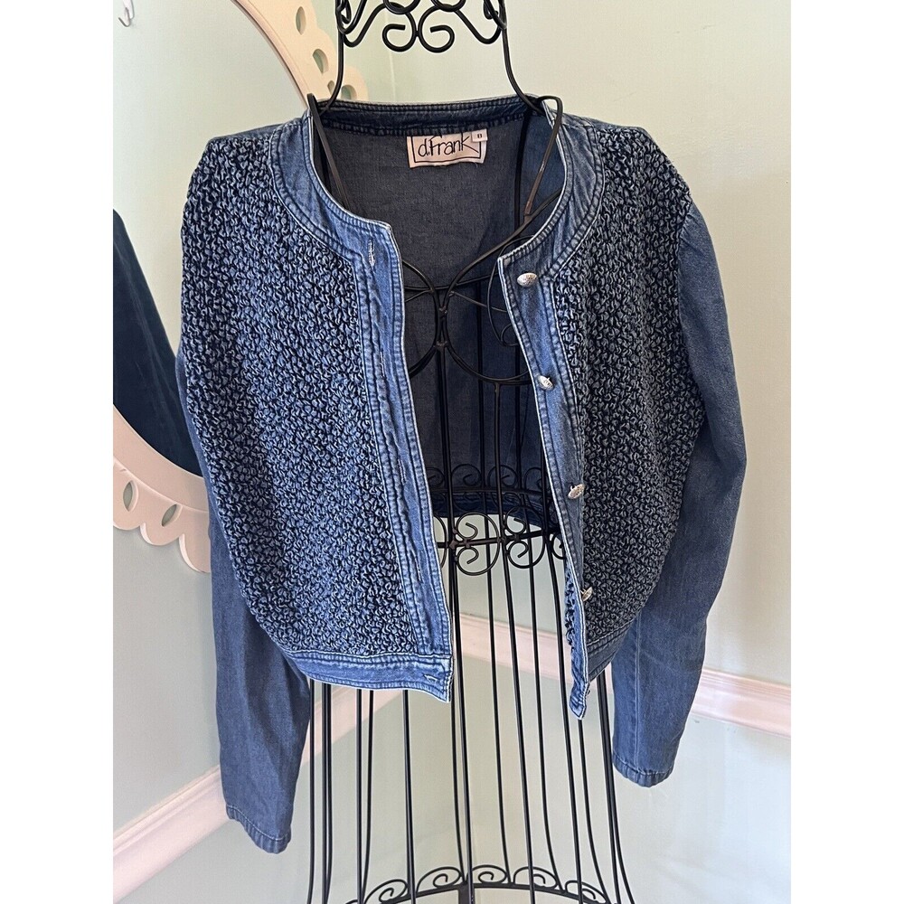 VTG 80s D.Frank quilted denim bolero jacket‎ metallic size 8 Crop